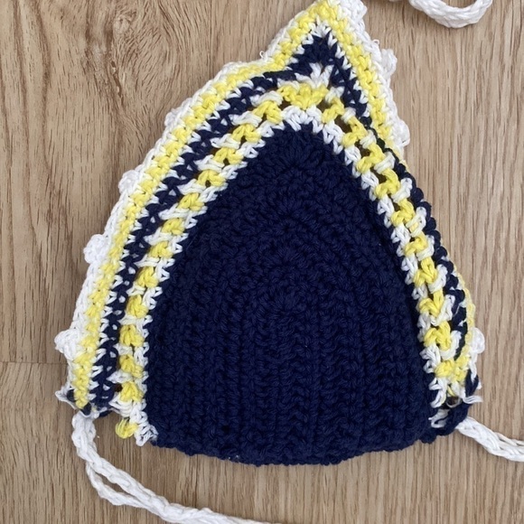 Boho Crochet Bikini Set Navy Blue Yellow Trim Festival Ready Beach Outfit - Picture 3 of 10